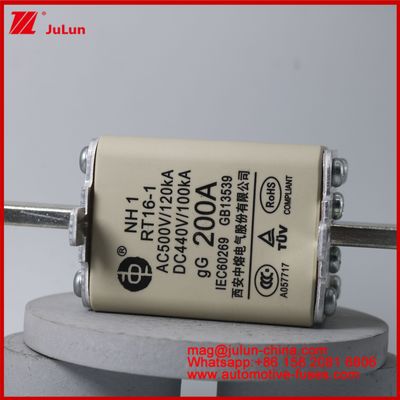NH1 RT16-1 200A AC500V 120KA DC 440V 100KA Automobile Ceramica Auto Fusibili Montaggio lame Per veicoli EV / HEV Piccole dimensioni Protezione da cortocircuito a corrente nominale elevata