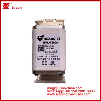 RSZ307-01 EVLH 500A 750VDC FUSE 50KA Quadrato Caricabatterie Automotive ceramiche Dispositivi e attrezzature per veicoli elettrici Piccole dimensioni Basso grado di fusione I2t Valore elevato Capacità di rottura Energia